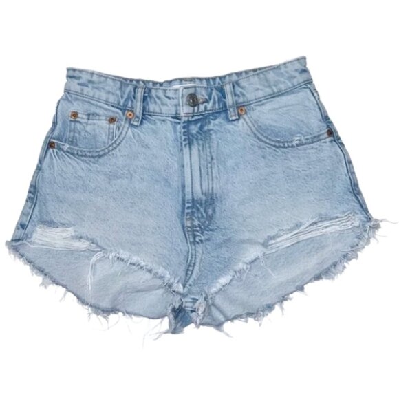 Zara High Rise Denim Cutoff Shorts 4 Blue Distressed Raw Hem Casual Festival - Picture 1 of 11